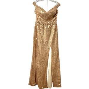 Gold Sequin Formal Off the Shoulder Long Dress Leg Slit Prom‎ Holiday Bridesmaid